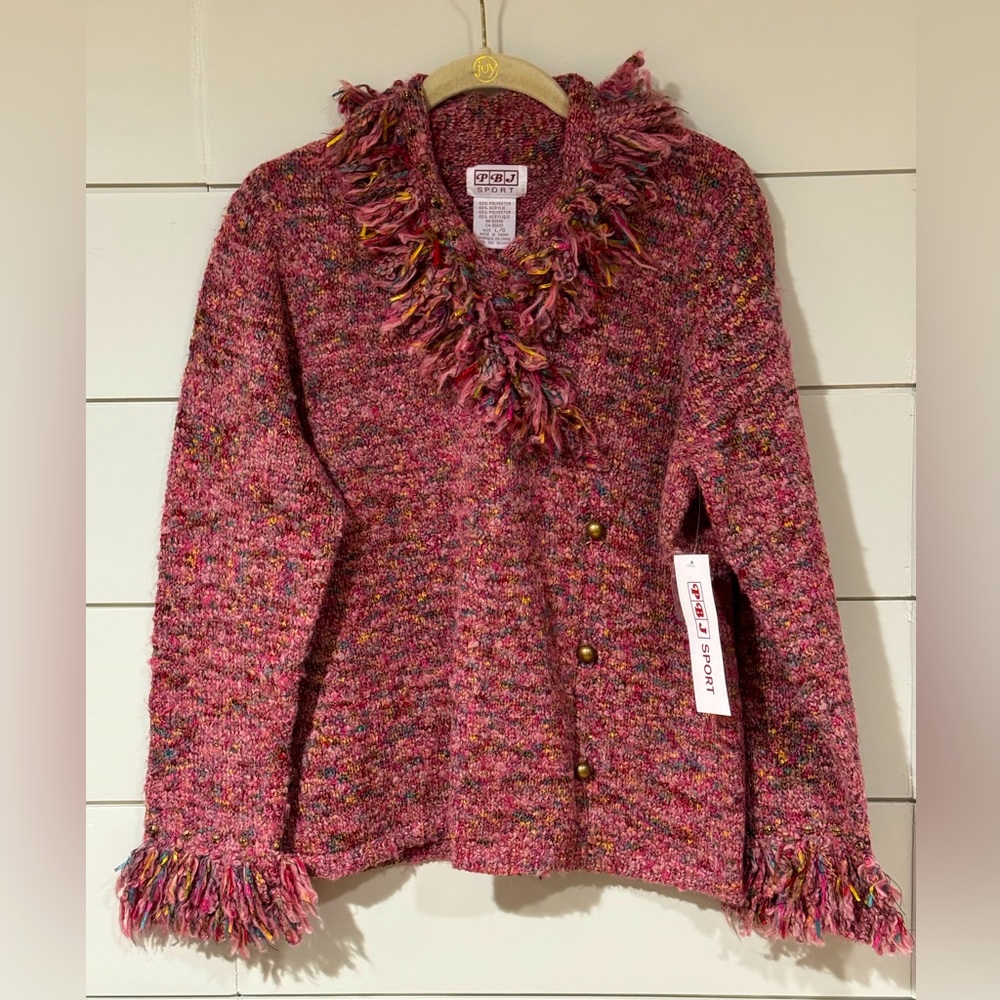 NEW Vintage PBJ Sport Pink Multicolored Fringe Sweater Size L